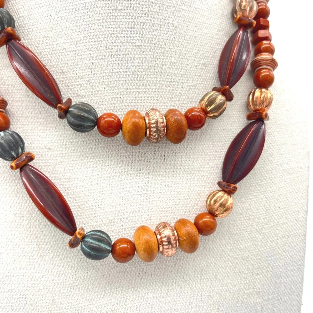 Vintage Earth Tone Mixed Media Beaded Necklace Copper Boho Statement‎ 34in